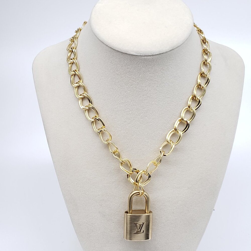 Authentic Louis Vuitton Gold Padlock w/ Unbranded Fashion Stainless Steel Chain